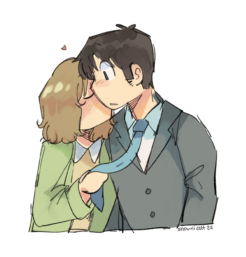 1boy, 1girl, blush, brown_hair, green_jacket, heart, holding_tie, jacket