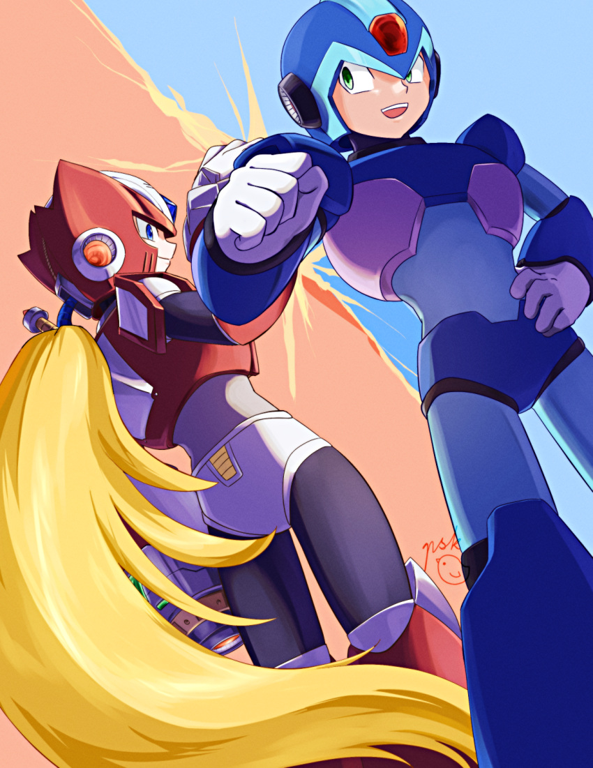 2boys, arm_cannon, armor, artist_logo, artist_name, blonde_hair, blue_armor, blue_background