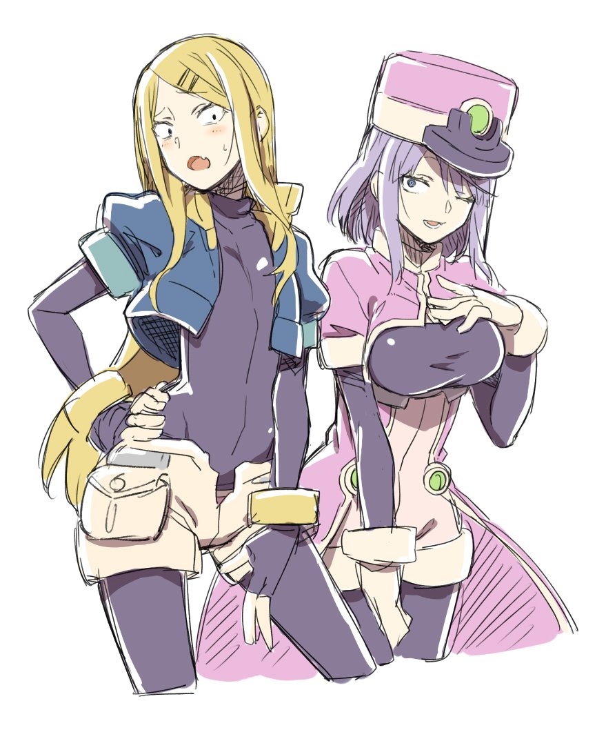2girls, aile_(mega_man_zx), aile_(mega_man_zx)_(cosplay), black_bodysuit, blonde_hair, blue_jacket, blush, bodysuit