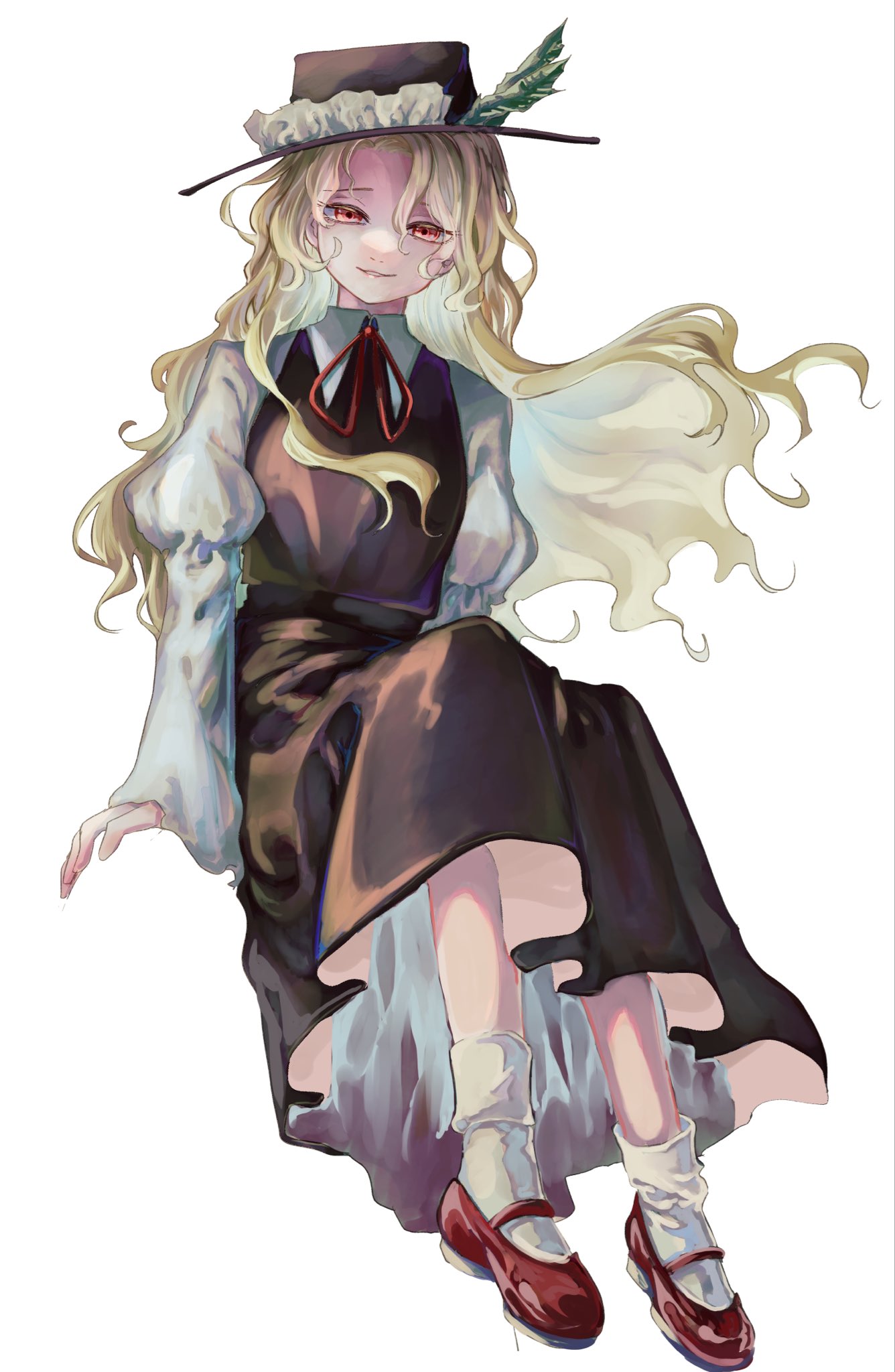 1girl, blonde_hair, brown_hat, brown_skirt, brown_vest, collared_shirt, commentary_request, dolls_in_pseudo_paradise