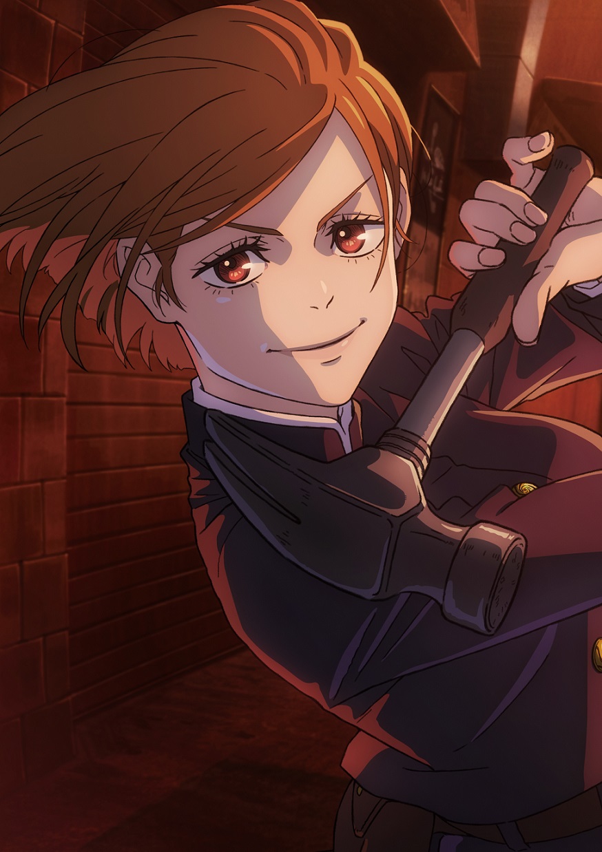 1girl, belt, brown_eyes, brown_hair, building, dynamic_pose, floating_hair, hammer
