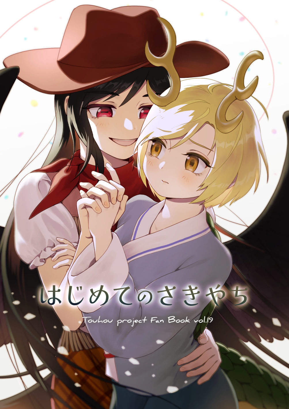 1girl, 2girls, :d, adapted_costume, bandana, black_hair, black_wings, blonde_hair