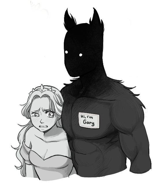 1boy, 1girl, dress, long_hair, magmastudio, name_tag, simple_background, slay_the_princess