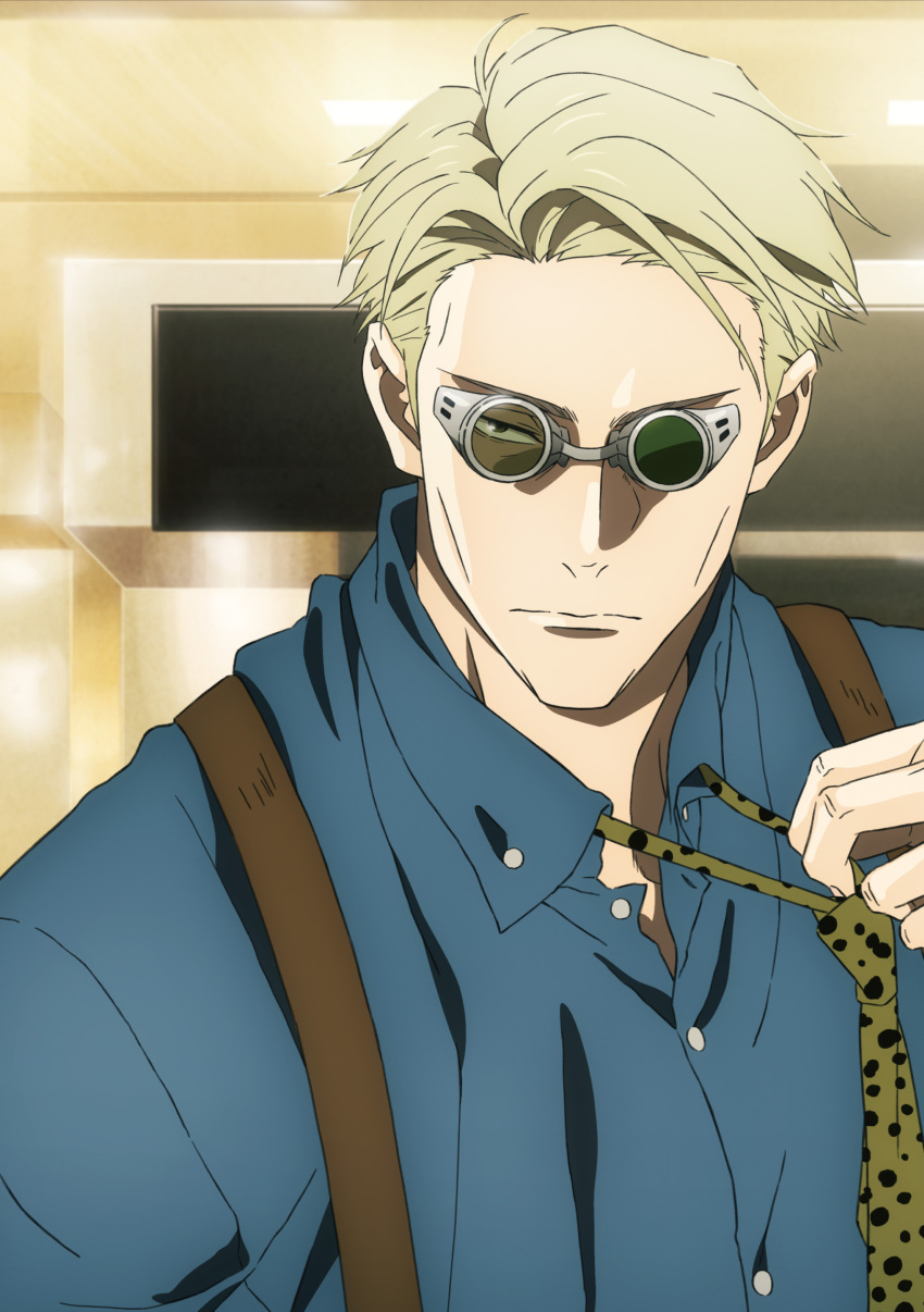 1boy, animal_print, blonde_hair, blue_shirt, collared_shirt, goggles, highres, indoors