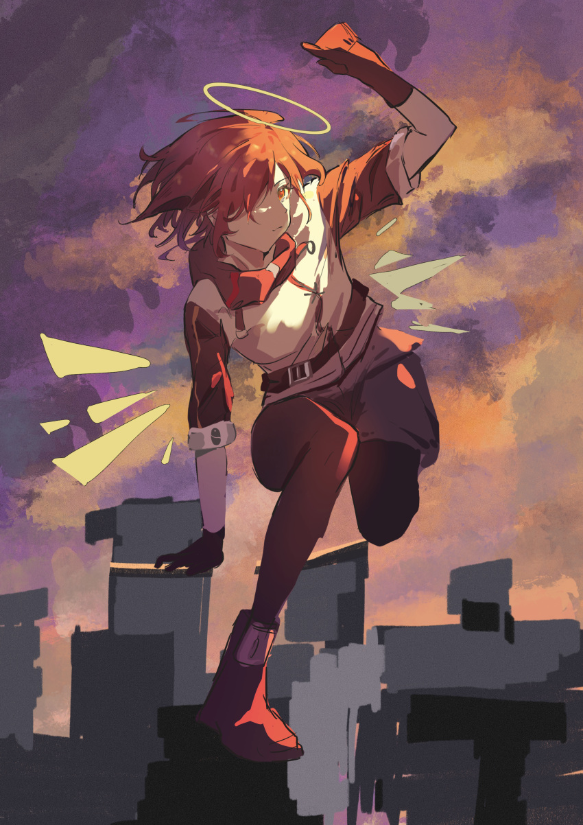 1girl, absurdres, angel, arknights, belt, black_pantyhose, closed_mouth, detached_wings, energy_wings, exusiai_(arknights), full_body, hair_over_one_eye, halo, highres, jacket, orange_eyes, pantyhose, reach_far_away_(viuooczy), redhead, solo, sunset, white_jacket, wings