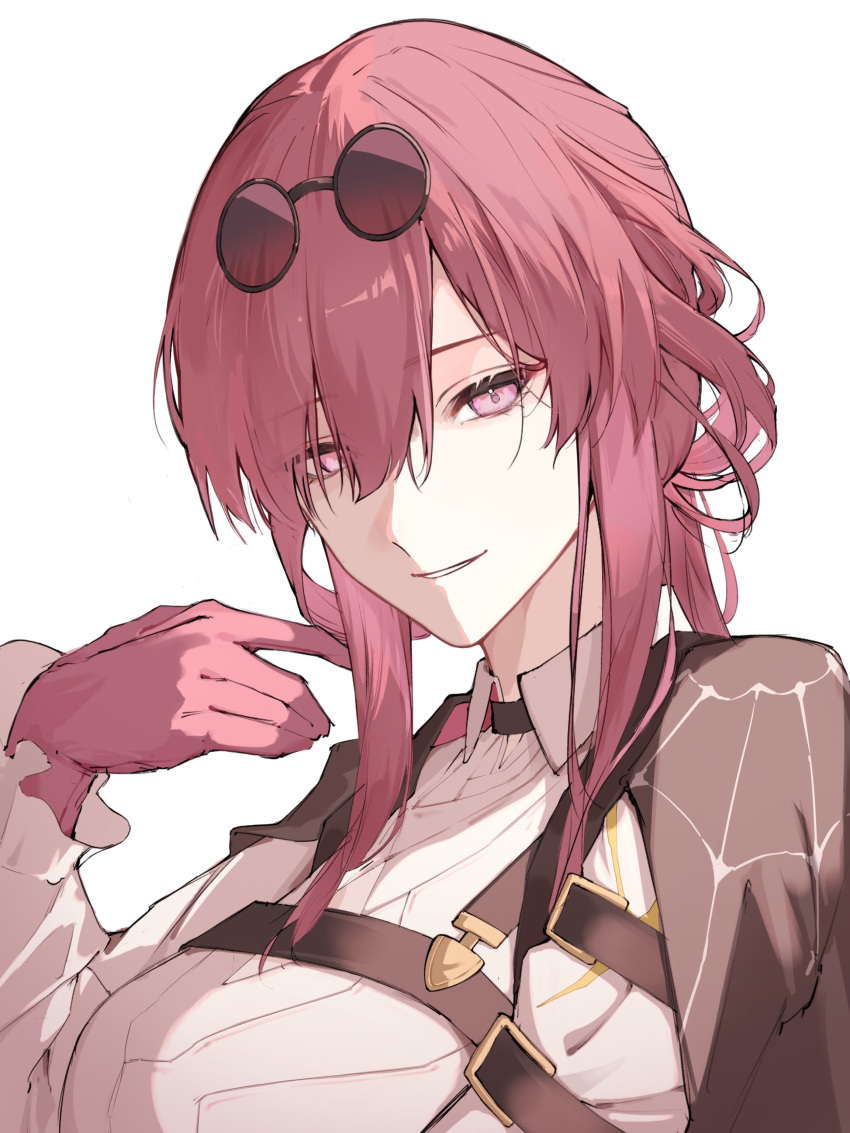 1girl, absurdres, black_jacket, breasts, eyes_visible_through_hair, eyewear_on_head, gloves, hair_between_eyes