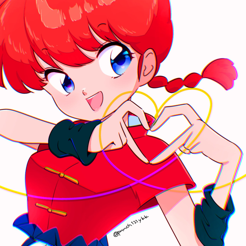 1girl, blue_eyes, braid, braided_ponytail, breasts, heart, heart_hands, highres