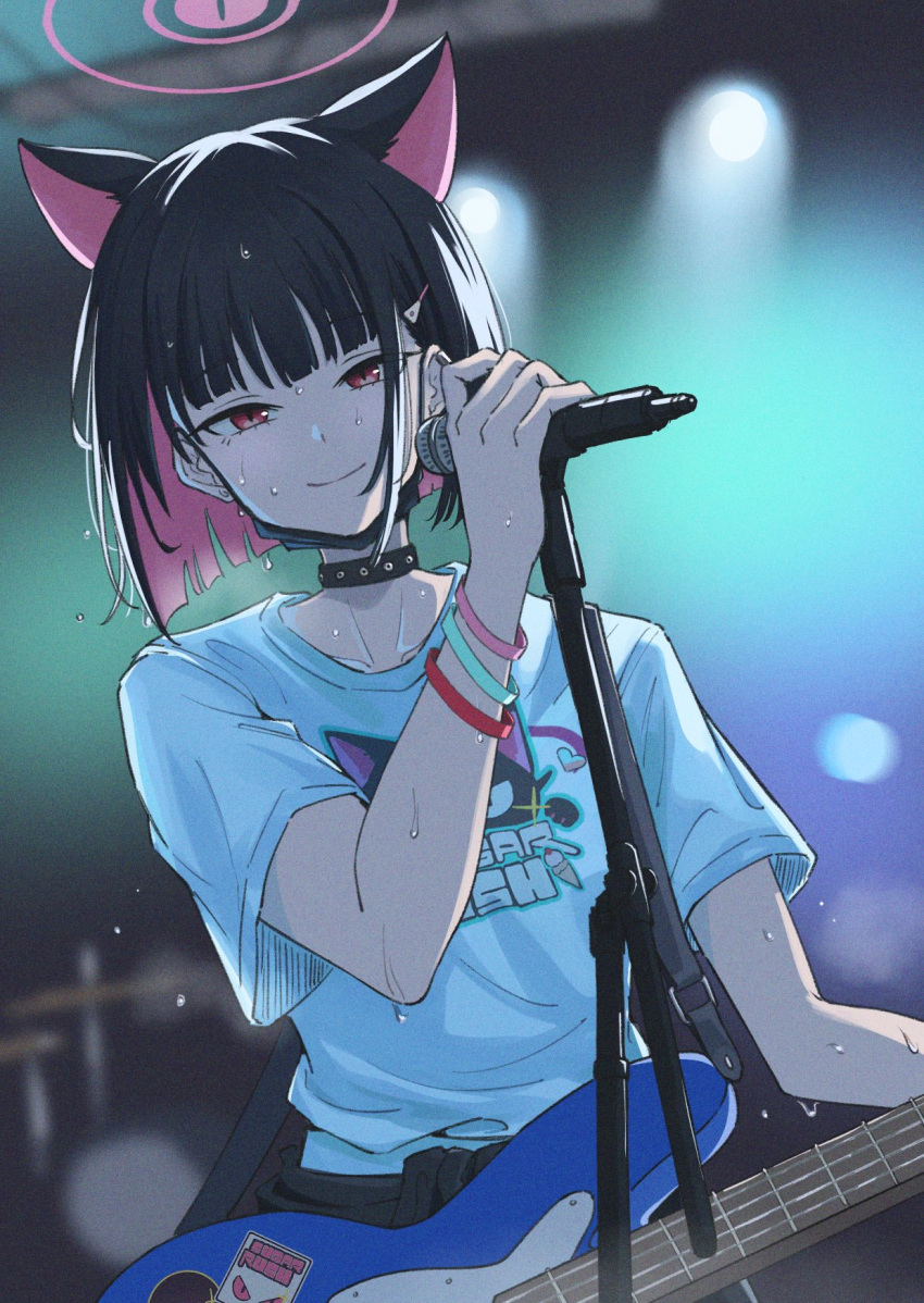 1girl, aqua_wristband, bass_guitar, black_mask, blue_archive, cardigan, cardigan_around_waist, clothes_around_waist