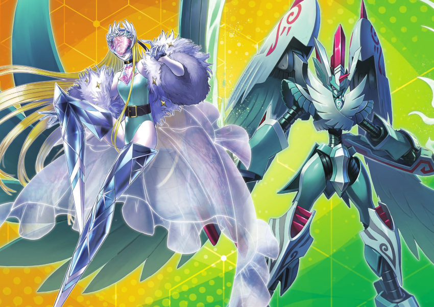 1boy, 1girl, aqua_leotard, armor, bare_shoulders, bird, blonde_hair, boots
