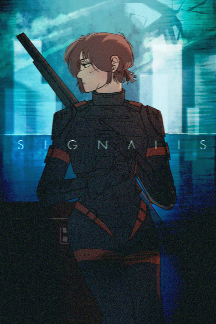 1girl, armor, black_gloves, brown_hair, copyright_name, double-barreled_rifle, gloves, highres, legend_knit, lilith_itou_(signalis), low_ponytail, short_hair, signalis, solo, war