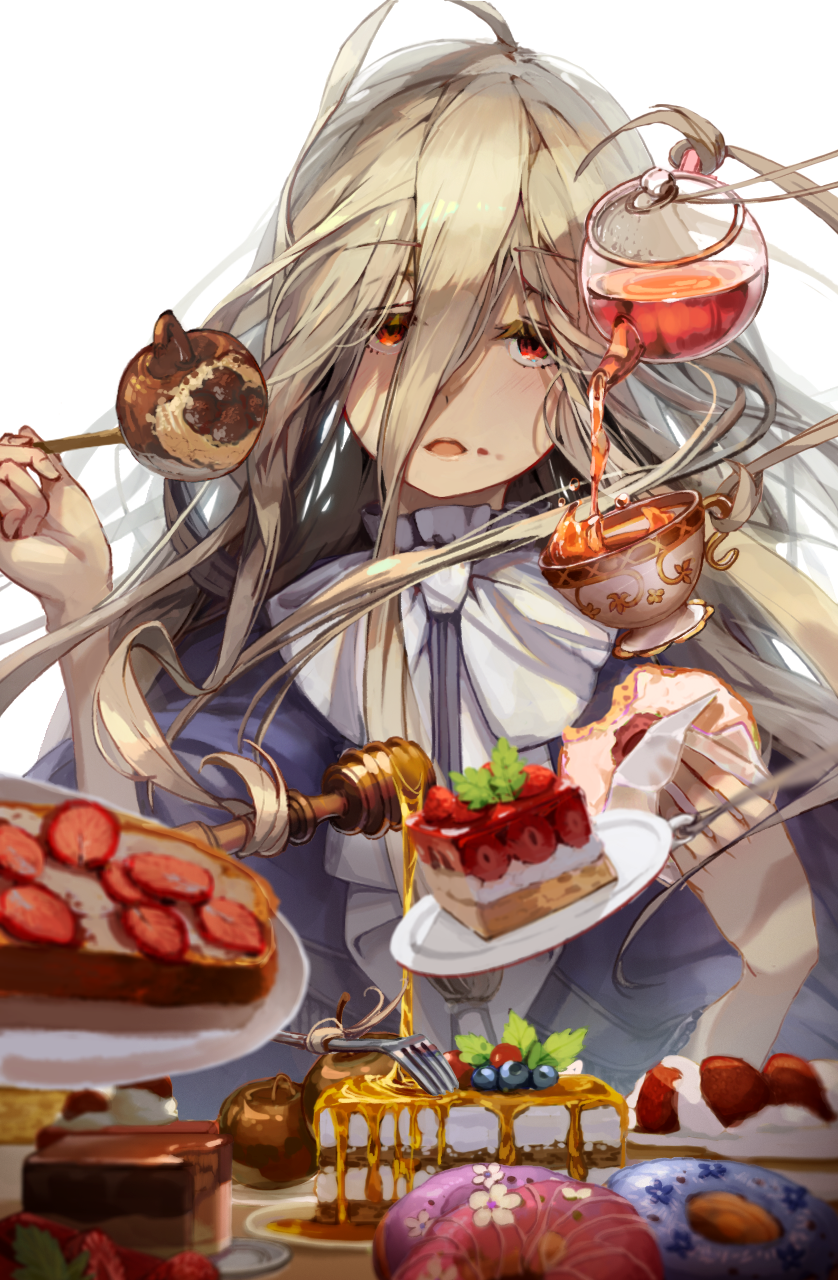 1girl, cake, cake_slice, cup, doughnut, eating, food, highres