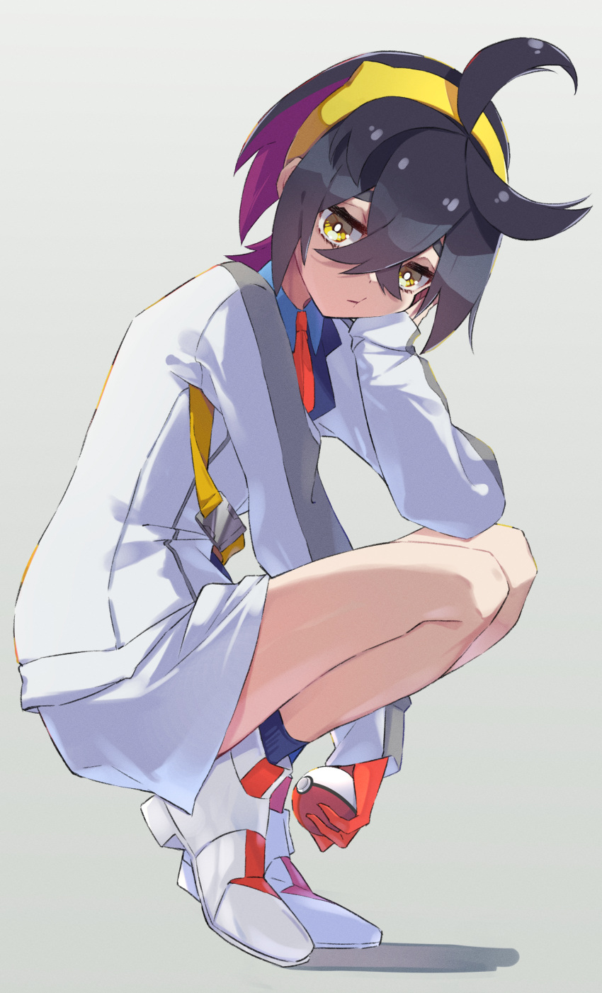 1boy, :t, absurdres, black_hair, blue_shirt, bright_pupils, buckle, closed_mouth, collared_shirt, colored_inner_hair, commentary_request, crossed_bangs, from_side, full_body, gloves, grey_background, hair_between_eyes, head_rest, highres, holding, holding_poke_ball, jacket, kieran_(pokemon), makasamalove, male_focus, multicolored_hair, necktie, poke_ball, poke_ball_(basic), pokemon, pokemon_sv, shirt, shoes, shorts, socks, solo, squatting, strap, white_footwear, white_jacket, white_pupils, white_shorts, yellow_eyes