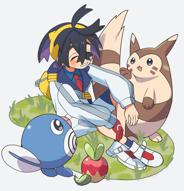 1boy, applin, backpack, bag, blue_shirt, blue_socks, blush, closed_eyes