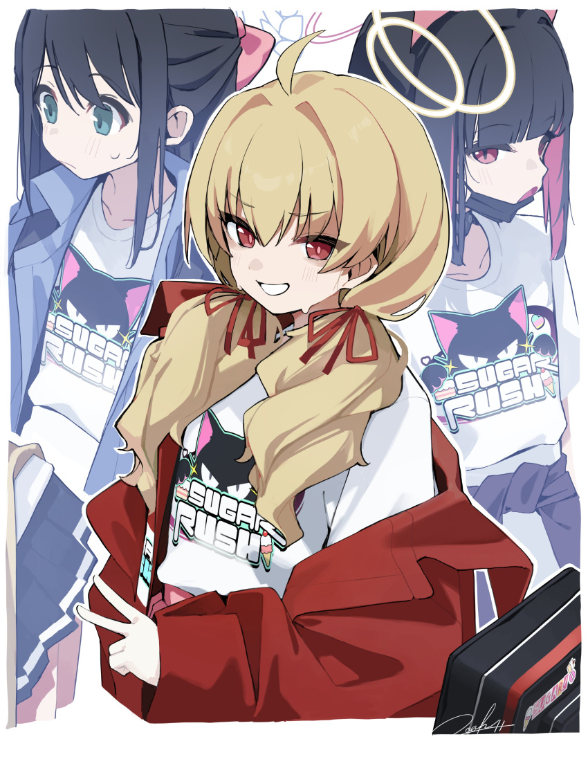 4girls, absurdres, after-school_sweets_club_(blue_archive), ahoge, airi_(band)_(blue_archive), airi_(blue_archive), animal_ears, band_shirt