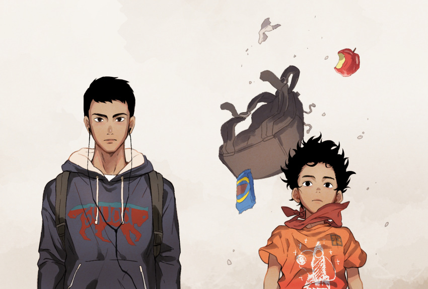 2boys, apple, ascot, backpack, bag, black_eyes, black_hair, brothers