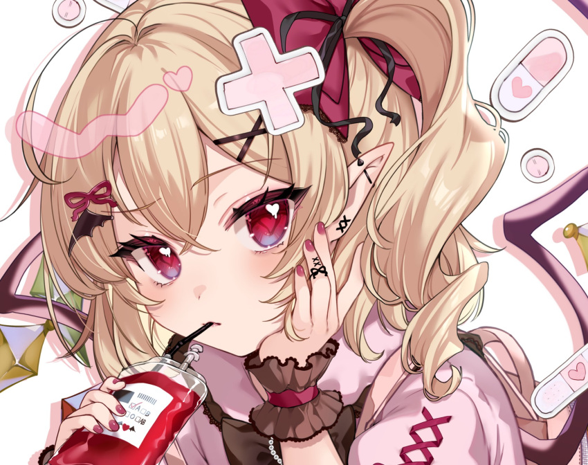 1girl, adapted_costume, ahoge, bag, black_ribbon, blonde_hair, blood, blood_bag