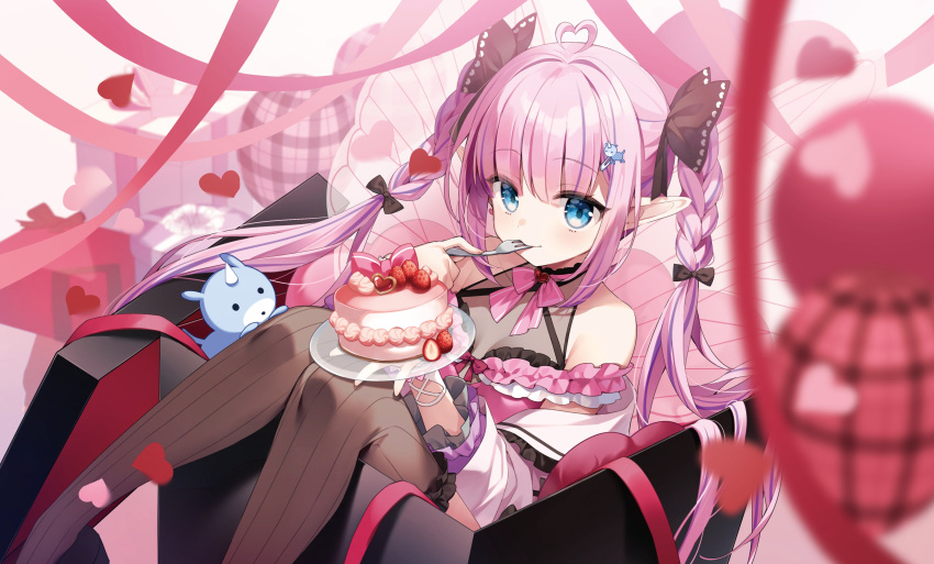 1girl, absurdres, ahoge, bare_shoulders, black_bow, black_footwear, black_leotard, black_thighhighs, blue_eyes, blunt_bangs, bow, box, braid, breasts, brooch, butterfly_wings, cake, cropped_legs, dress, earrings, eating, food, frilled_dress, frilled_thighhighs, frills, fruit, gift, gift_box, hair_bow, hair_ornament, hairpin, heart, heart_ahoge, heart_brooch, heart_earrings, highres, holding, holding_plate, insect_wings, jewelry, kokoromo_memory, leotard, multicolored_hair, phase_connect, pink_bow, pink_dress, pink_hair, pink_ribbon, plate, pointy_ears, purple_hair, ribbon, see-through, see-through_thighhighs, sidelocks, small_breasts, strawberry, streaked_hair, suimya, thigh-highs, twin_braids, two-tone_hair, virtual_youtuber, wings