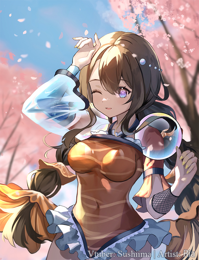 1girl, bikini, blue_eyes, brown_hair, cherry_blossoms, fish_girl, non-web_source, orange_bikini