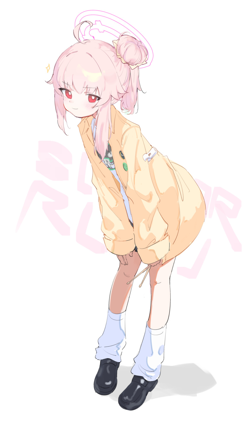 1girl, absurdres, ahoge, badge, black_footwear, blue_archive, blush, button_badge, closed_mouth, commentary_request, cygnet_(5817cygnet), dot_nose, drumsticks, full_body, group_name, hair_bun, hair_ornament, hair_scrunchie, halo, hands_on_own_thighs, highres, holding, holding_drumsticks, jacket, knees, leaning_forward, leg_warmers, looking_at_viewer, looking_to_the_side, natsu_(band)_(blue_archive), natsu_(blue_archive), open_clothes, open_jacket, pink_hair, pink_halo, raised_eyebrow, red_eyes, scrunchie, shadow, side_ponytail, sidelocks, sideways_glance, simple_background, single_side_bun, sleeves_past_wrists, smile, smug, solo, sparkle, thick_eyelashes, white_background, white_leg_warmers, yellow_jacket, yellow_scrunchie