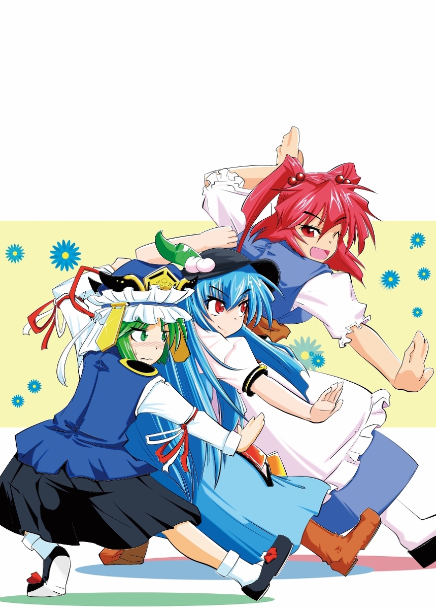 food, fruit, green_eyes, green_hair, hair_bobbles, hair_ornament, hat, hayashitsu, highres, hinanawi_tenshi, long_hair, multiple_girls, onozuka_komachi, peach, pixiv_manga_sample, red_eyes, shikieiki_yamaxanadu, short_hair, touhou