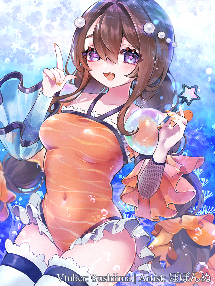 1girl, bikini, blue_eyes, brown_hair, fish, fish_girl, non-web_source, ocean, orange_bikini, smile, soap_bubbles, string_of_pearls, sushiima, swimsuit, virtual_youtuber