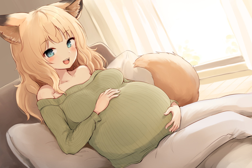 1girl, :d, animal_ear_fluff, animal_ears, batta_(kanzume_quality), blonde_hair, blue_eyes, blush, breasts, commentary_request, day, dutch_angle, fox_ears, fox_girl, fox_tail, green_sweater, hands_on_own_stomach, indoors, kitsune_no_oyome-chan, long_hair, long_sleeves, looking_at_viewer, medium_breasts, off-shoulder_sweater, off_shoulder, open_mouth, pants, pillow, pregnant, sitting, smile, solo, sunlight, sweater, tail, teeth, upper_teeth_only, white_pants