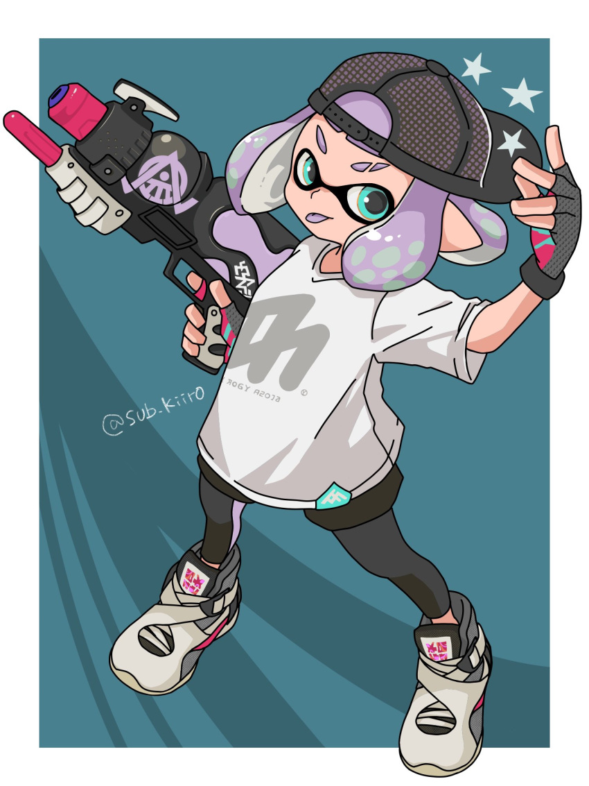 1girl, :p, aqua_background, aqua_eyes, backwards_hat, baseball_cap, border, commentary_request