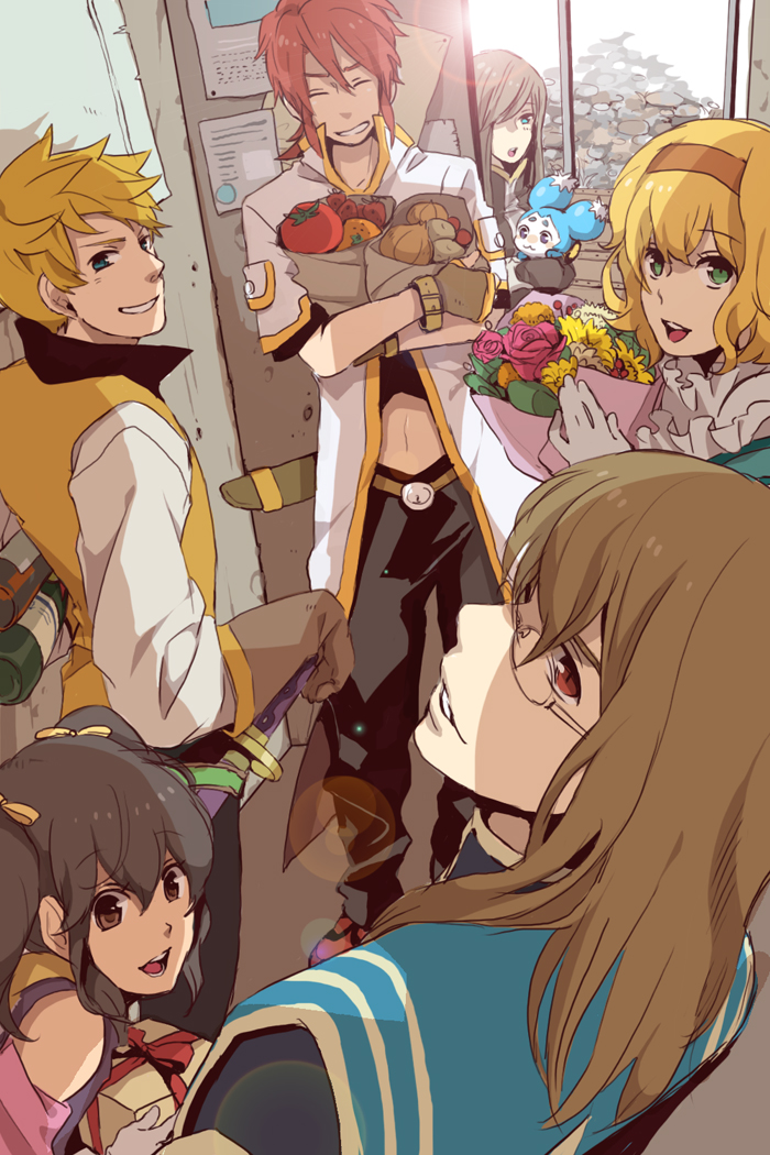 3girls, anise_tatlin, blonde_hair, blue_eyes, bouquet, brown_hair, flower, glasses