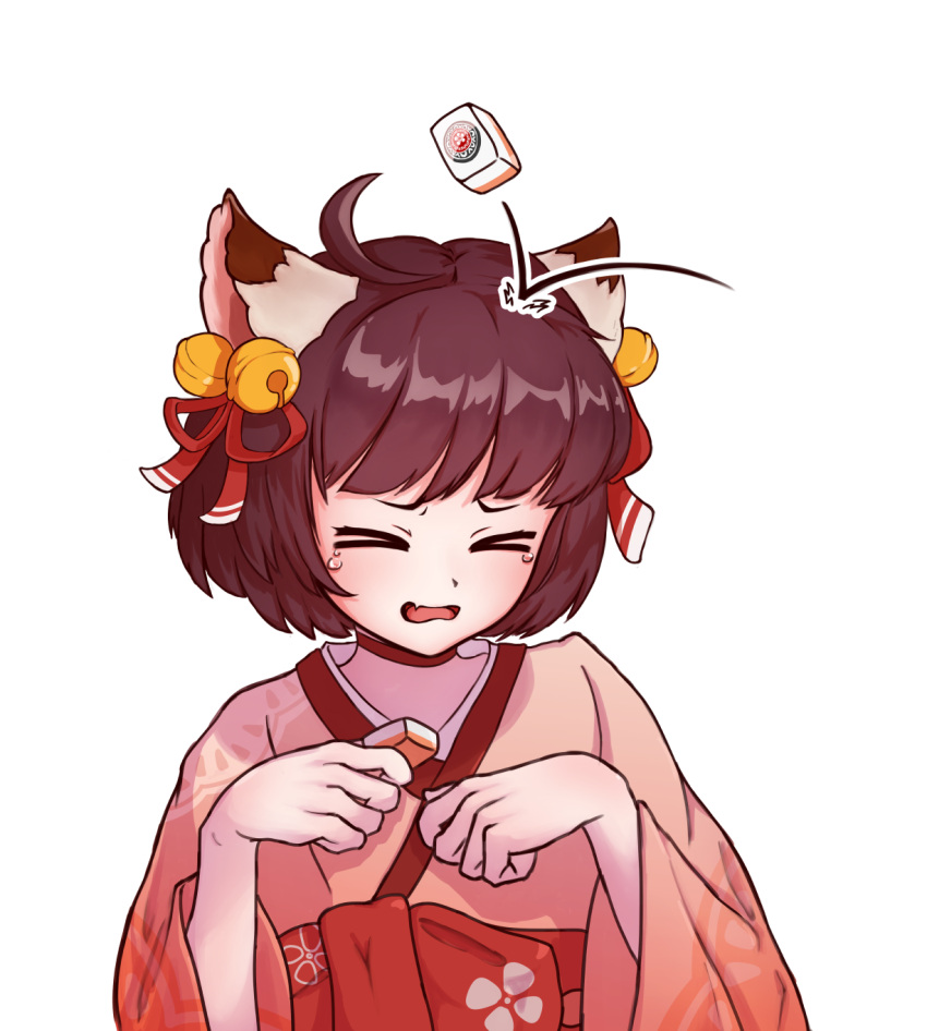 >_<, 1girl, ahoge, animal_ears, bell, blush, bow, brown_hair, cat_ears, cat_girl, choker, commentary, fang, gae_bokchi, hair_bell, hair_ornament, hair_ribbon, highres, holding, holding_mahjong_tile, ichihime, japanese_clothes, jingle_bell, kimono, lace-trimmed_sleeves, lace_trim, long_sleeves, mahjong_soul, mahjong_tile, obi, pain, paw_pose, pink_kimono, red_bow, red_choker, red_ribbon, red_sash, ribbon, sash, short_hair, simple_background, skin_fang, solo, throwing, upper_body, waist_bow, white_background, wide_sleeves