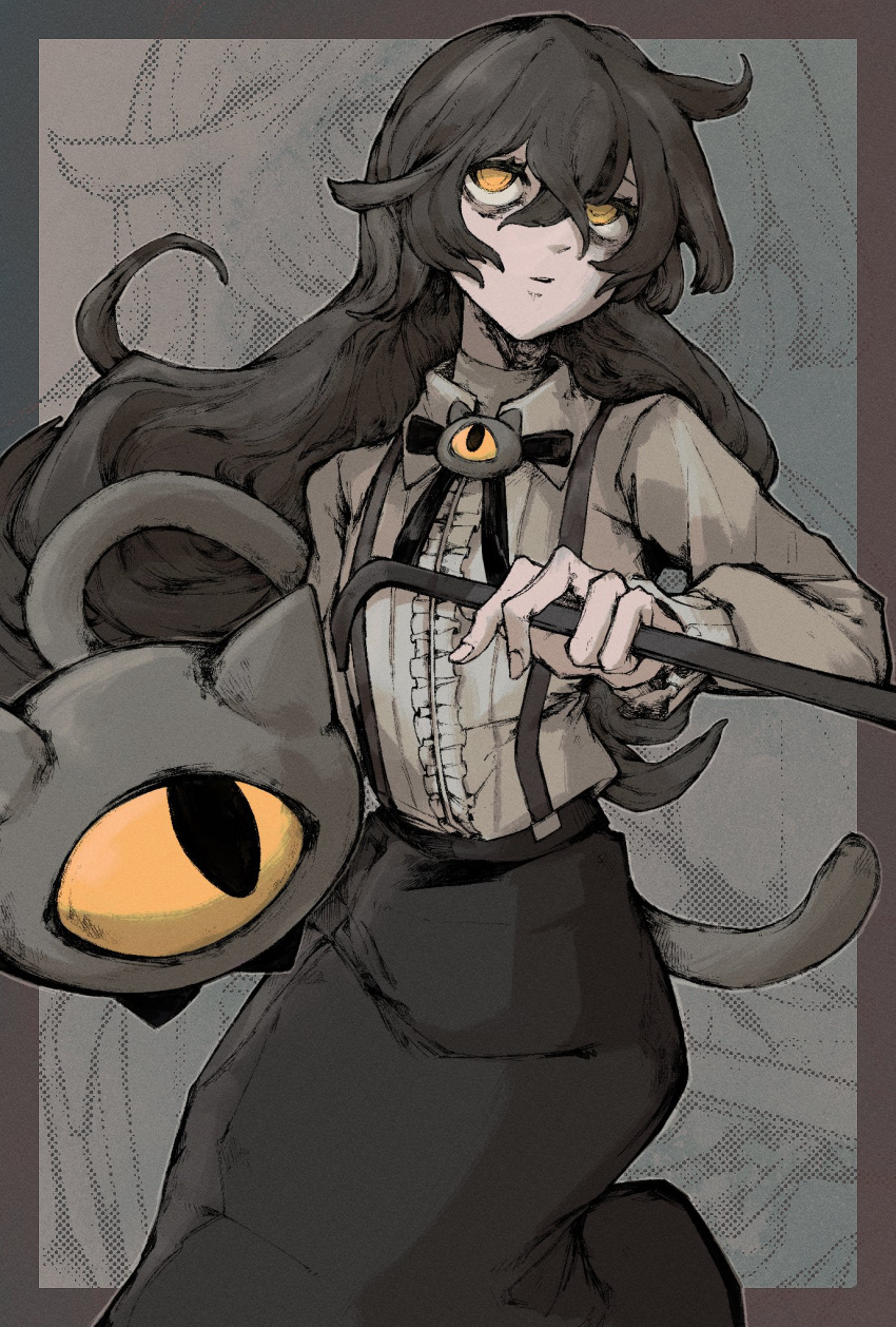 1girl, black_hair, black_ribbon, black_skirt, cat, collared_shirt, commission, cowboy_shot