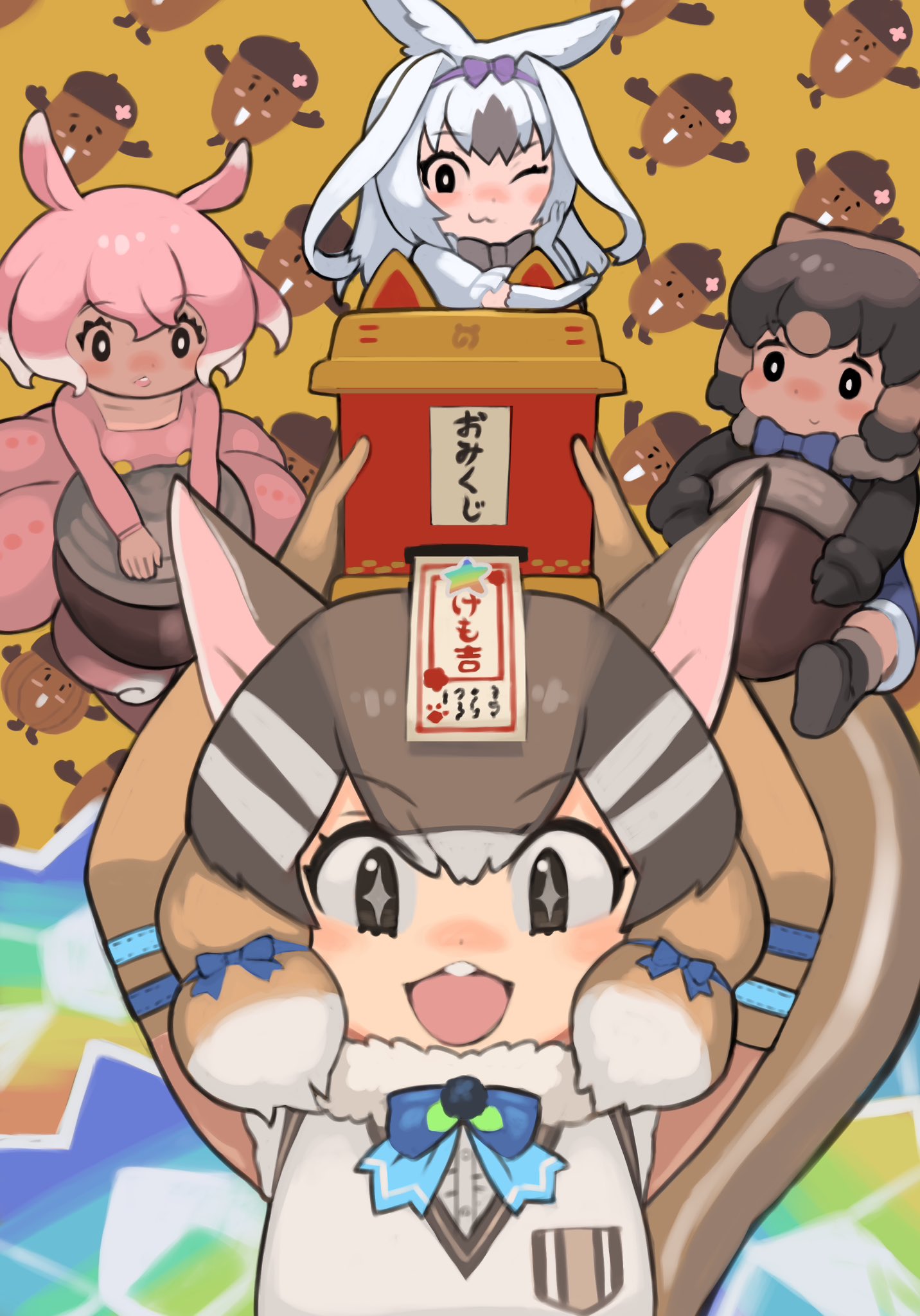 4girls, acorn, animal_ears, belt, black_hair, bow, bowtie, brown_eyes