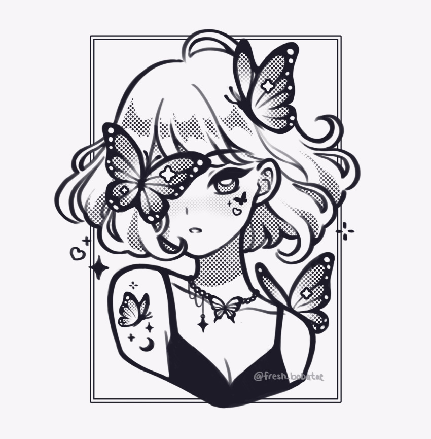 1girl, black_border, border, bug, butterfly, butterfly_necklace, butterfly_on_face, butterfly_on_shoulder