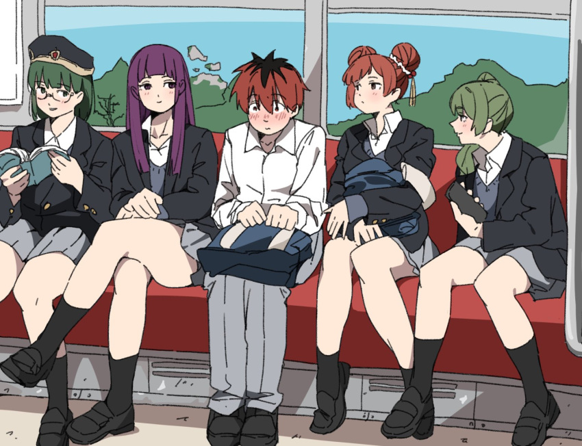 1boy, 4girls, bag, blazer, book, brown_hair, cellphone, character_name
