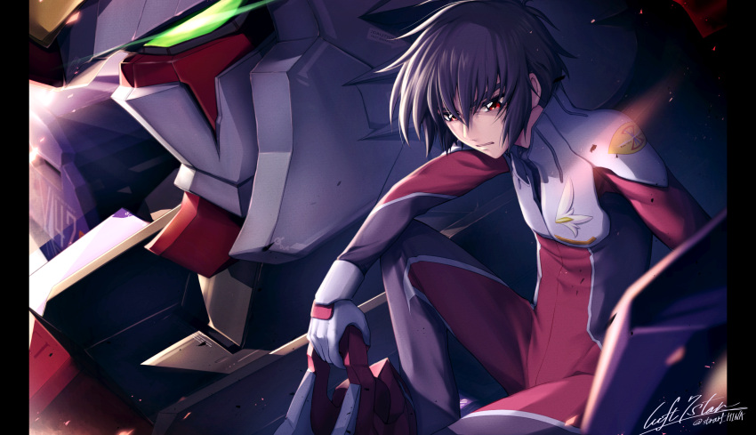 1boy, black_hair, destiny_gundam, glowing, glowing_eye, gundam, gundam_seed, gundam_seed_destiny