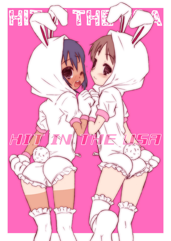 animal_ears, ass, black_hair, brown_eyes, brown_hair, bunny_costume, bunny_ears, gloves, hirasawa_ui, k-on!, looking_back, nakano_azusa, rabbit_ears, shimo, tan, tanline, thigh-highs, thighhighs, wink