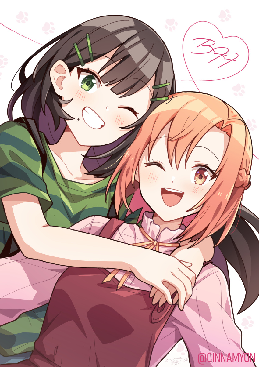 2girls, absurdres, artist_name, blush, braid, brown_hair, cinnamyon, commentary