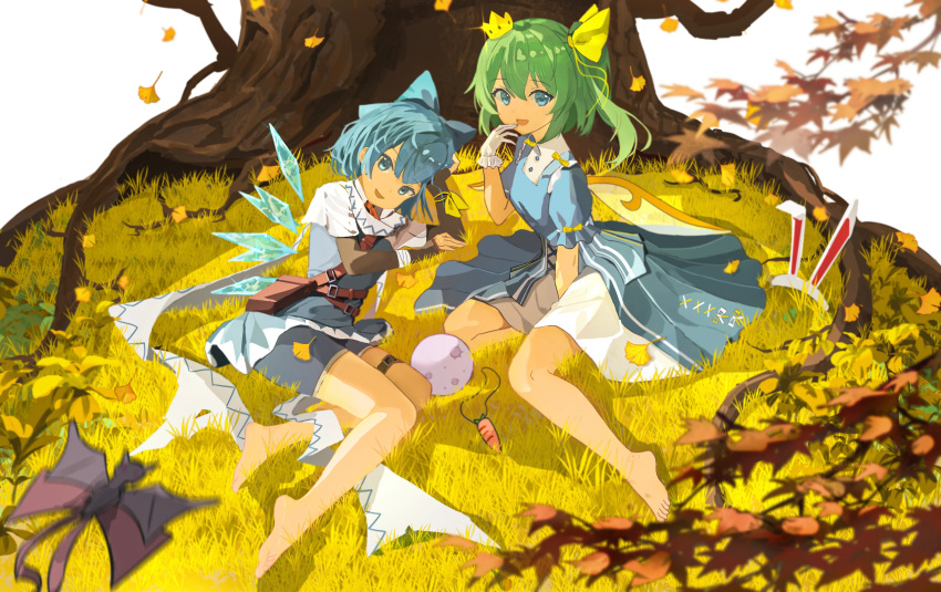 2girls, absurdres, alternate_costume, animal_ears, bag, barefoot, blue_bow, blue_dress