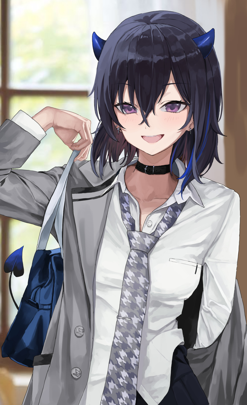 1girl, absurdres, art_mu, bag, black_hair, blazer, blue_hair, blush