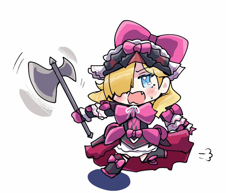 1girl, armor, axe, blonde_hair, blue_eyes, blush, bow, chibi, chibi_only, dress, fang, fire_emblem, fire_emblem_engage, gloves, hair_over_one_eye, headdress, holding, holding_axe, long_hair, long_sleeves, marni_(fire_emblem), me_no_oeo, open_mouth, pink_bow, pink_gloves, puff_of_air, solo, white_background