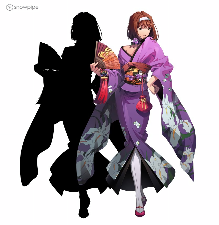 1girl, alternate_costume, artist_request, blunt_ends, bokjumeoni, brown_eyes, brown_hair, choker, company_name, floral_print_kimono, floral_print_sash, floral_print_sleeves, flower, flower_choker, flower_knot, folding_fan, gold_buckle, hand_fan, hand_on_own_hip, holding, holding_fan, japanese_clothes, kanzaki_sumire, kimono, logo, long_sleeves, looking_at_viewer, obi, obiage, obijime, official_art, open_mouth, purple_flower, purple_kimono, purple_sleeves, red_bag, red_footwear, red_tassel, ribbon, sakura_taisen, sash, sega, seigaiha, shoe_buckle, short_hair, silhouette, simple_background, single_bare_shoulder, socks, solo, straight_hair, striped_clothes, striped_socks, thigh-highs, third-party_source, v-shaped_eyebrows, vertical-striped_clothes, vertical-striped_socks, watermark, white_background, white_thighhighs, wide_sleeves, yellow_ribbon, yellow_sash