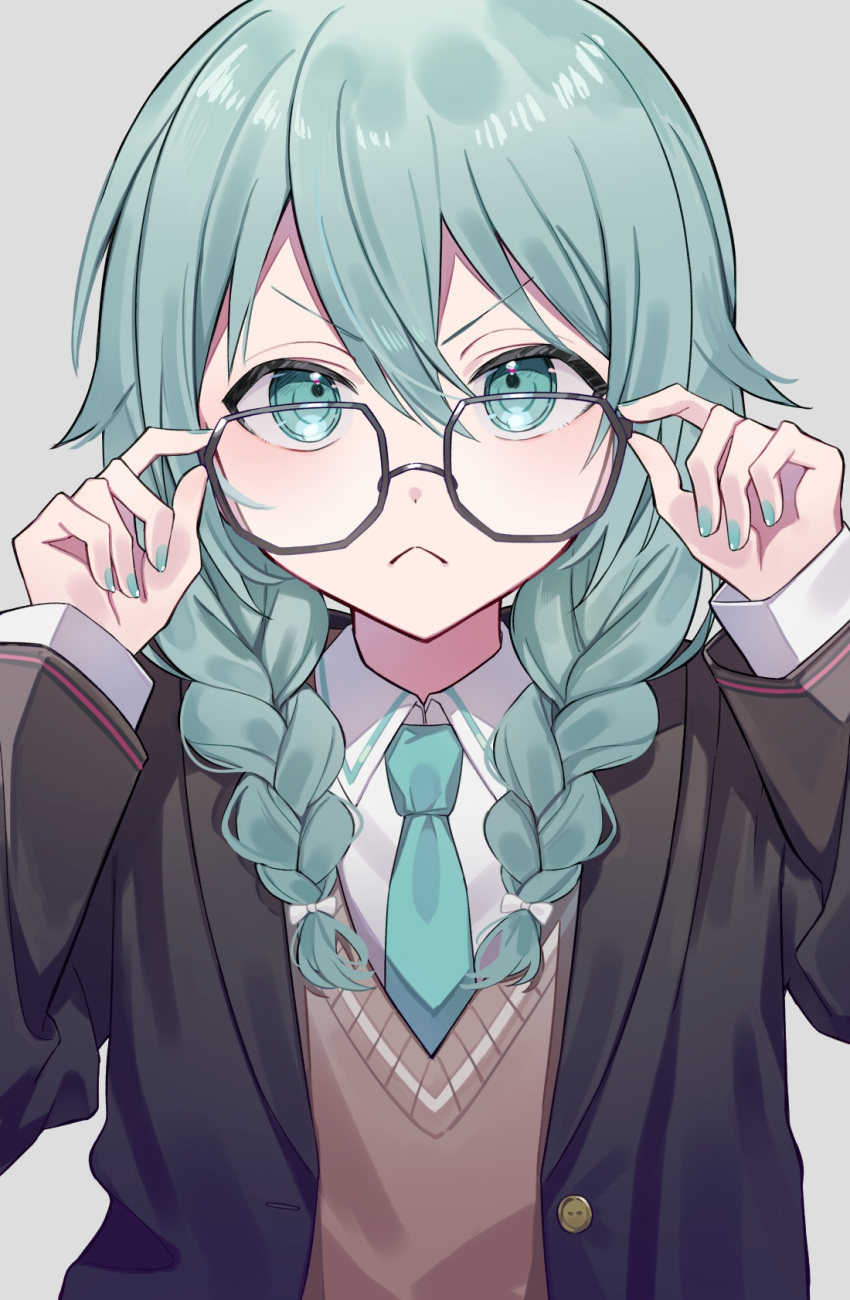 1girl, :<, adjusting_eyewear, blue_eyes, blue_hair, braid, collared_shirt, glasses, hatsune_miku, highres, jacket, kikutouji, long_hair, long_sleeves, looking_at_viewer, nail_polish, necktie, school_uniform, shirt, solo, sweater, twin_braids, upper_body, v-shaped_eyebrows, vocaloid