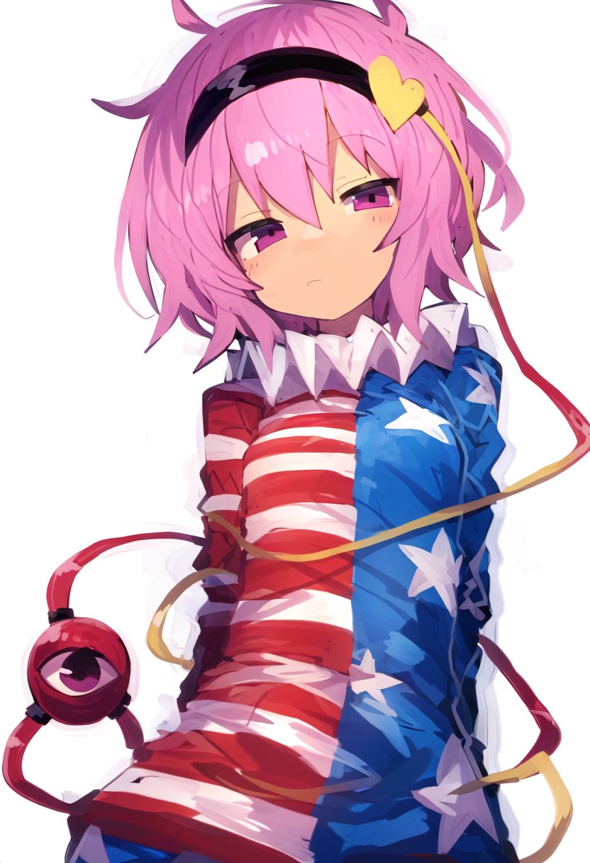 1girl, american_flag, american_flag_print, clownpiece, clownpiece_(cosplay), cosplay, flag_print, frown