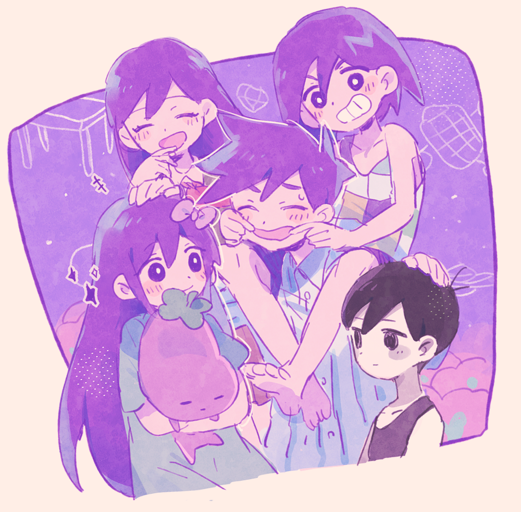 2girls, 3boys, antenna_hair, aqua_dress, aubrey_(headspace)_(omori), aubrey_(omori), bare_arms, bare_shoulders, barefoot, black_eyes, black_hair, black_tank_top, blue_pajamas, blush, border, bow, bright_pupils, brother_and_sister, brothers, brown_border, buttons, checkered_clothes, checkered_shirt, child, clenched_teeth, closed_eyes, closed_mouth, collarbone, collared_shirt, colored_skin, dress, finger_to_mouth, fingersmile, hair_behind_ear, hair_between_eyes, hair_bow, hand_on_another's_head, hero_(headspace)_(omori), hero_(omori), holding, holding_stuffed_toy, kel_(headspace)_(omori), kel_(omori), long_hair, looking_at_another, mari_(headspace)_(omori), mari_(omori), mnmn0406, mr._plantegg_(omori), multiple_boys, multiple_girls, neckerchief, no_pupils, omori, omori_(omori), open_mouth, outdoors, outline, pajamas, pink_bow, purple_hair, purple_shorts, purple_sky, red_neckerchief, shirt, short_hair, short_sleeves, shorts, siblings, sitting_on_shoulder, sky, smile, sparkle, striped_clothes, striped_shirt, stuffed_eggplant, stuffed_toy, sweatdrop, tank_top, teeth, v-shaped_eyebrows, vertical-striped_clothes, vertical-striped_pajamas, vertical-striped_shirt, violet_eyes, white_outline, white_pupils, white_skin