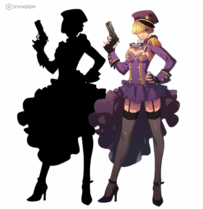1girl, alternate_costume, ascot, black_footwear, black_garter_belt, black_gloves, blonde_hair, blue_eyes, breasts, buttoned_cuffs, buttons, cleavage_cutout, clothing_cutout, company_name, double-breasted, double_horizontal_stripe, dress, english_text, epaulettes, fingerless_gloves, frills, frown, garter_belt, garter_straps, gathers, gloves, gold_buttons, gold_collar, gun, hand_on_own_hip, handgun, hat, high_heels, holding, holding_gun, holding_weapon, horizontal_striped_wrist_cuffs, jade_star_badge, logo, long_sleeves, maria_tachibana, mature_female, medium_breasts, official_art, police, police_badge, police_hat, police_uniform, purple_hat, purple_sleeves, purple_uniform, purple_wrist_cuffs, sakura_taisen, see-through, see-through_thighhighs, sega, serious, shoe_strap, silhouette, simple_background, single_horizontal_stripe, solo, striped_clothes, striped_dress, tall_female, third-party_source, tie_clip, uniform, vertical-striped_clothes, vertical-striped_dress, watermark, weapon, white_ascot, white_background, yellow_dress