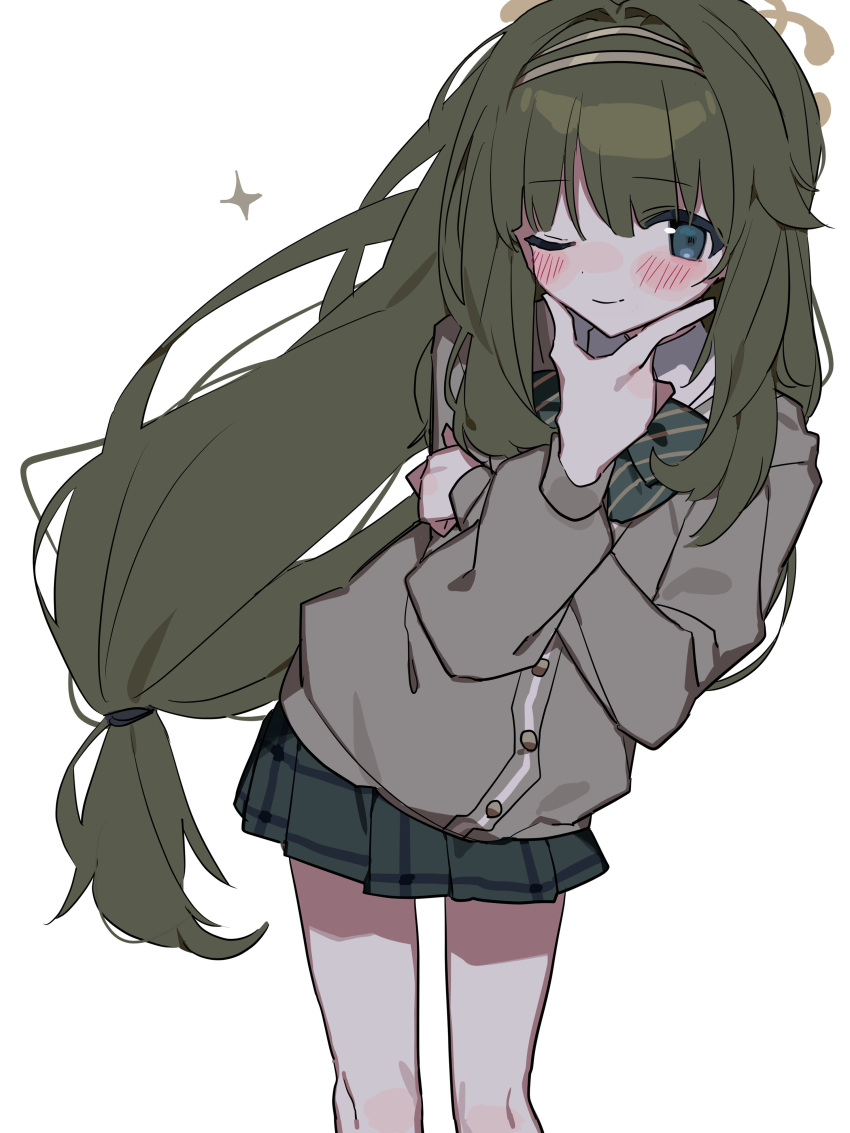 1girl, absurdres, ameno_(motiizamurai), blue_archive, blue_eyes, blush, bow, bowtie, cardigan, closed_mouth, green_hair, hairband, highres, long_hair, long_sleeves, looking_at_viewer, low-tied_long_hair, miniskirt, one_eye_closed, pleated_skirt, school_uniform, simple_background, skirt, solo, sparkle, tsumugi_(blue_archive), very_long_hair, white_background