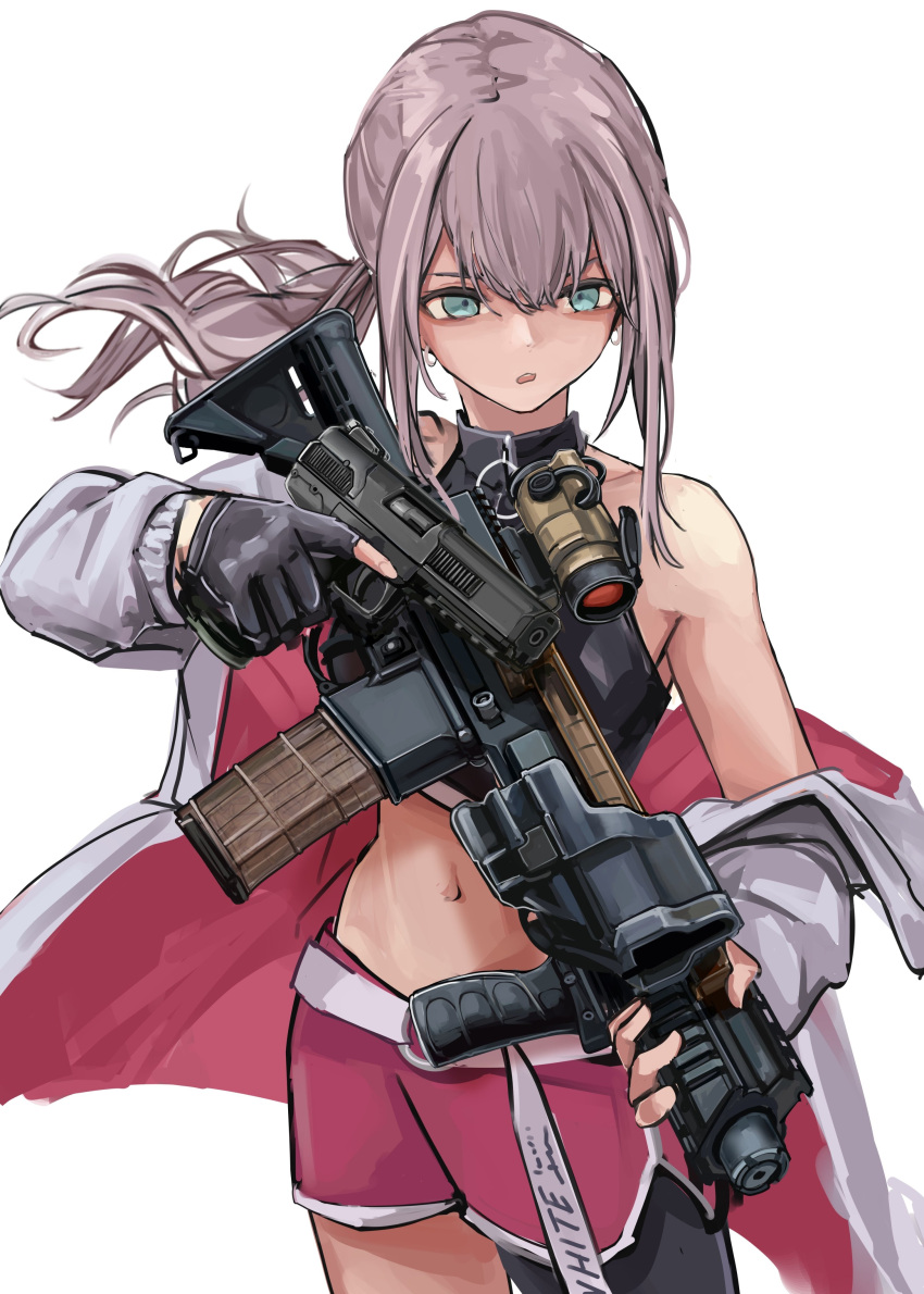 1girl, absurdres, aqua_eyes, ar-57, ar-57_(girls'_frontline), asymmetrical_legwear, black_gloves, black_thighhighs, c-clamp, commentary, commentary_request, fingerless_gloves, fn_five-seven, girls_frontline, gloves, gun, handgun, highres, holding, holding_gun, holding_weapon, jacket, lithographica, midriff, navel, off_shoulder, open_mouth, pink_hair, pink_shorts, ponytail, shorts, sidelocks, simple_background, single_thighhigh, solo, thigh-highs, weapon, white_background, white_jacket