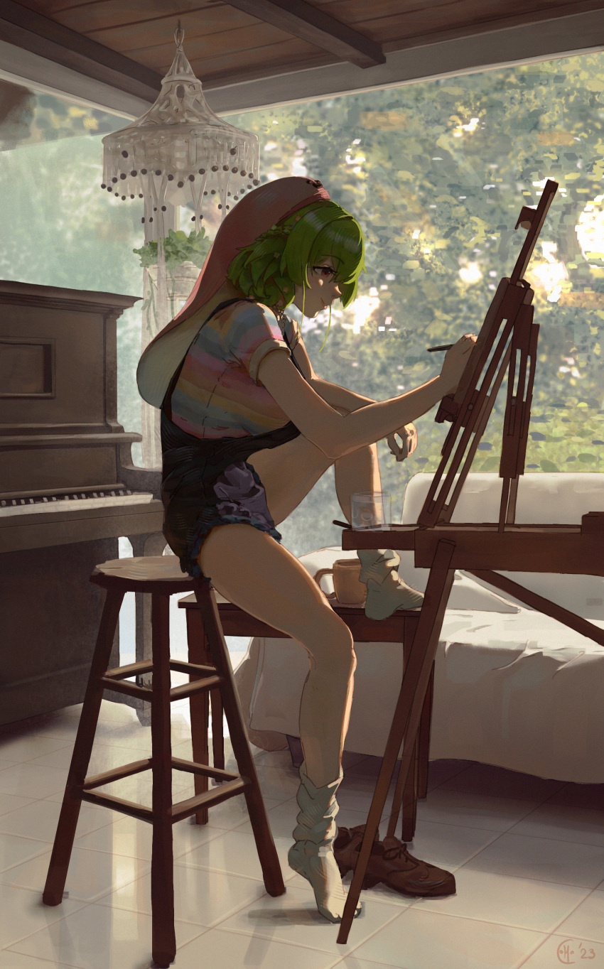 1girl, absurdres, breasts, canvas_(object), easel, english_commentary, green_hair, highres