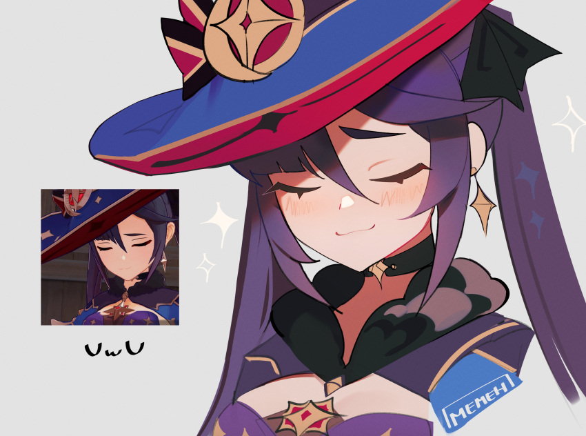 1girl, :3, absurdres, black_choker, black_ribbon, choker, closed_eyes, derivative_work, earrings, english_commentary, genshin_impact, grey_background, hair_between_eyes, hair_ribbon, hat, highres, jewelry, long_hair, memeh, mona_(genshin_impact), purple_hair, ribbon, screenshot_inset, screenshot_redraw, signature, simple_background, solo, sparkle, twintails, upper_body, uwu, witch_hat