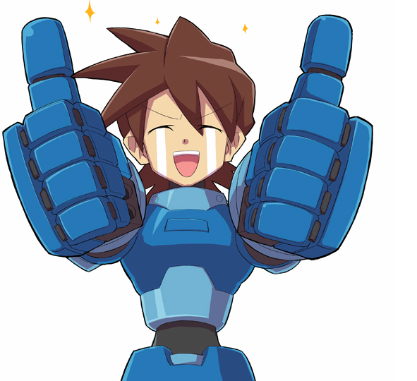 aka_(s3637), brown_hair, closed_eyes, male, open_mouth, rock_volnutt, rockman, rockman_dash, smile, solo, sparkle, tears, thumbs_up