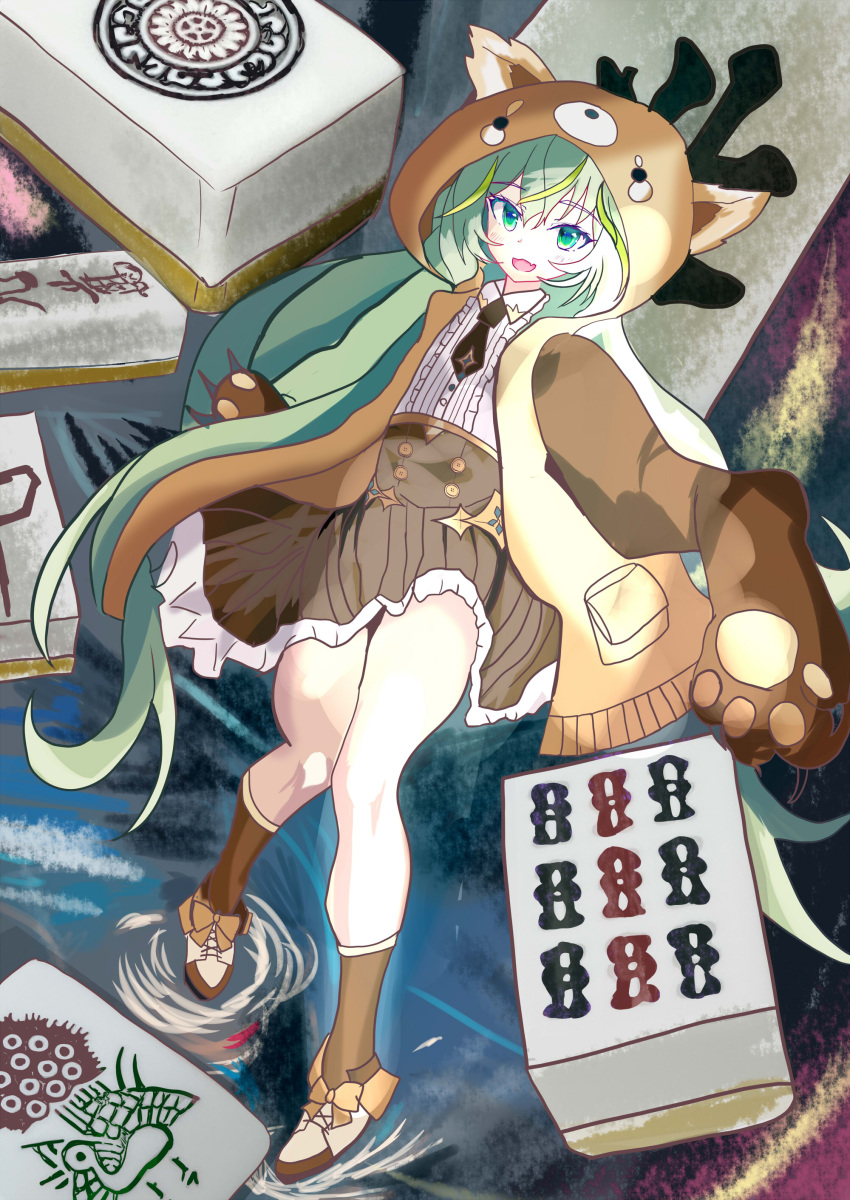 1girl, abstract_background, absurdres, animal_hands, black_necktie, blue_eyes, bow, brown_bow
